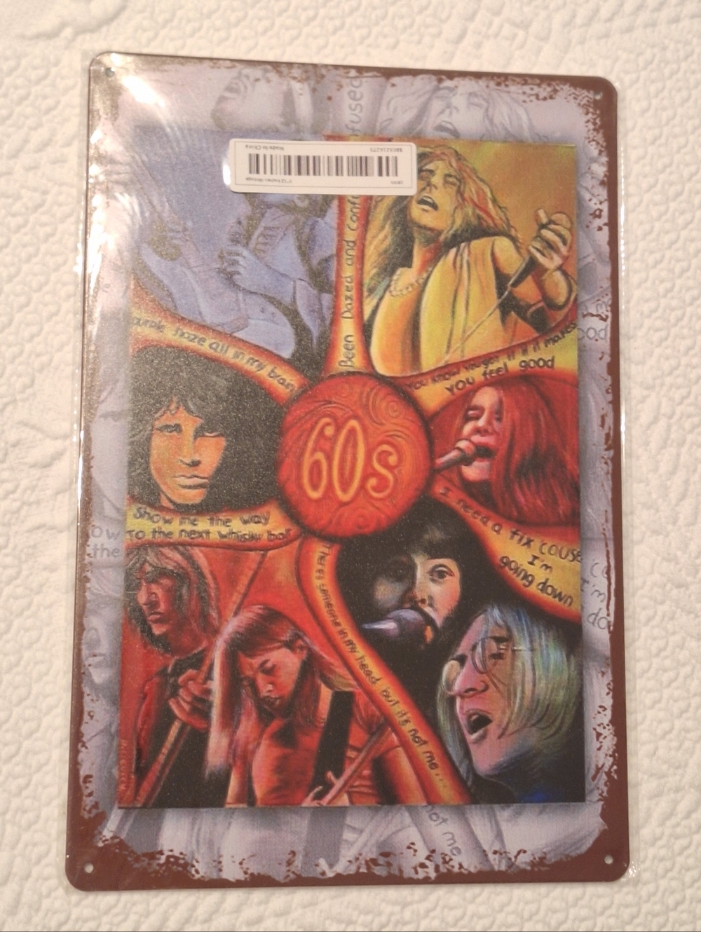 Bohemian 60's musicians print tin wall decor - NWT